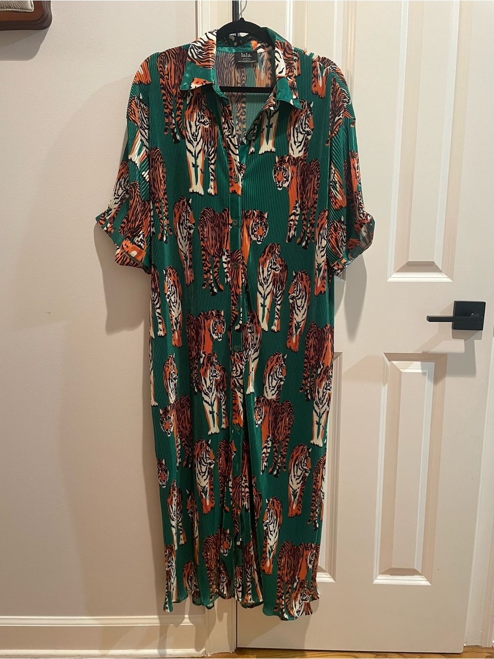 Dressed in Lala Green Tiger Print Button-Front Midi Dress